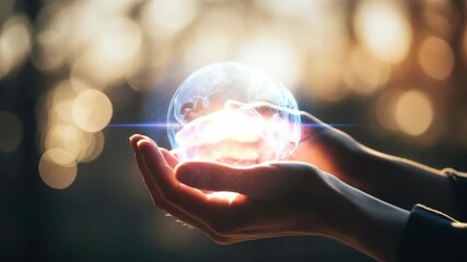 Two hands cup vibrant glowing energy orb emitting blue and pink light with bright core and swirling plasma A subtle light beam crosses the orb set against warm blurred bokeh background - Powered by Adobe