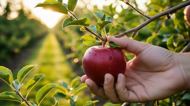 hand gently plucks dew-kissed red apple from leafy branch in sun-drenched orchard Golden light illuminates the verdant rows stretching into the distance at dawn or dusk