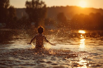 Obraz premium Child enjoying the lake at sunset