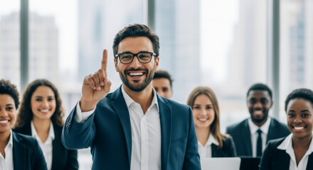 Obraz premium Confident Business Leader Points Finger Indicating Success and Teamwork