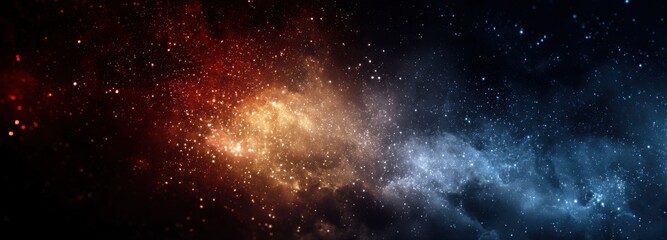 Obraz premium Vibrant Cosmic Space Galaxy with Contrasting Red Orange and Blue Stars Nebula in the Deep Universe. Dynamic Celestial Background Ideal for Astronomy, Sci-Fi, Fantasy, and Cosmic Exploration Concepts.