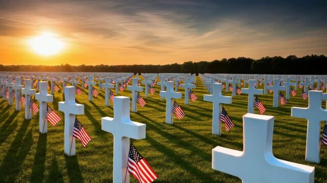 solemn field with countless white cross headstones each adorned with small flag stretching into the distance under warm sunset casting long shadows across the green grass