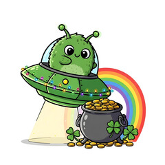 A cute, animated alien character peeks out from a decorated flying saucer as it approaches a cauldron overflowing with gold, set against a vibrant rainbow and lucky shamrocks.