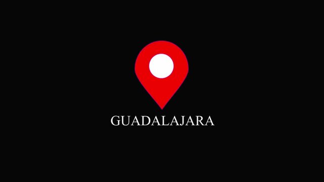 Red location pin icon with white circle and the word Guadalajara on black background map marker navigation