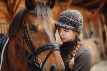 Obraz premium Girl preparing her horse for riding Equestrian
