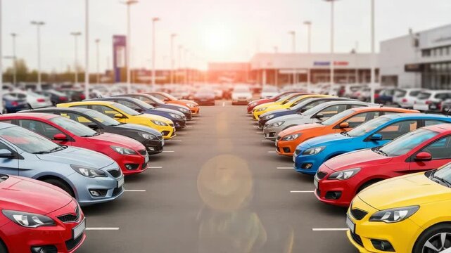 Parallel rows of colorful new vehicles fill an expansive outdoor car lot Hues of red blue yellow and orange cars are neatly aligned under bright sun flare in the background
