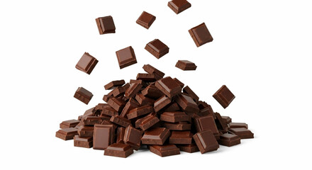 dark Chocolate bar blocks falling or flying on heap of chocolate bar, white background, copy space