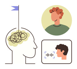 Human head with tangled lines representing mental chaos, surrounded by a person symbol and voice analysis visualization. Ideal for mental health, focus, communication, psychology, technology