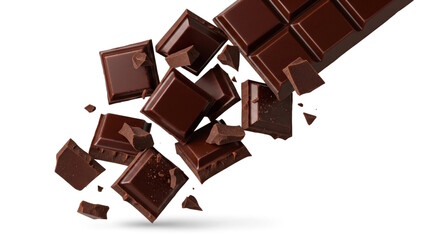 dark Chocolate bar blocks falling or flying with chocolate bar, white background, copy space