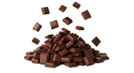 dark Chocolate bar blocks falling or flying on heap of chocolate bar, cutout in transparent background, png format     