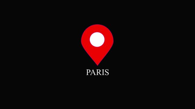 Red location pin icon with white circle and the word Paris on black background map marker navigation