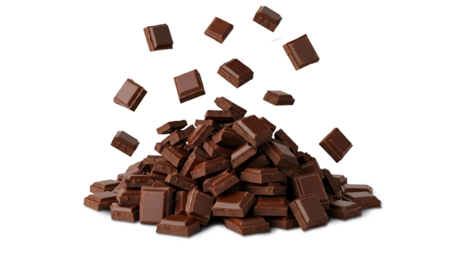 dark Chocolate bar blocks falling or flying on heap of chocolate bar, cutout in transparent background, png format     