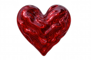 Red metallic liquid swirling heart shape, representing love, passion, and romance, on a transparent background