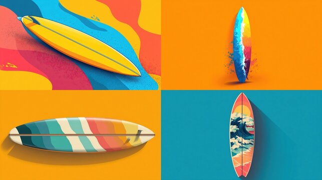 Four vibrant surfboard illustrations, each with unique designs and colorful backgrounds, showcasing surfing