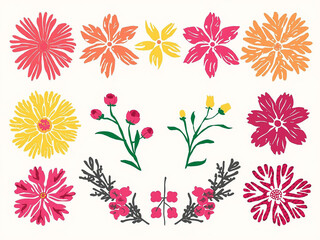 Delightful floral design elements for spring projects or vibrant summer celebrations in sunny yellow, orange, pink, and red hues on bright background