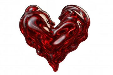 Melting liquid red metal heart shape with glossy chrome reflections, representing love or passion on transparent background