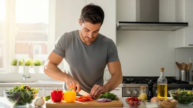 man in modern kitchen preparing fresh meal focused on chopping vibrant bell peppers and red onions on cutting board Bowls of mixed greens tomatoes and cooking oil surround him