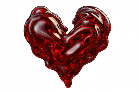 Melting liquid red metal heart shape with glossy chrome reflections, representing love or passion on transparent background - Powered by Adobe
