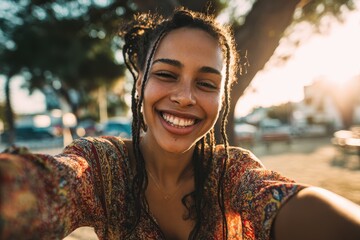 Joyful young Black woman taking a selfie in the park