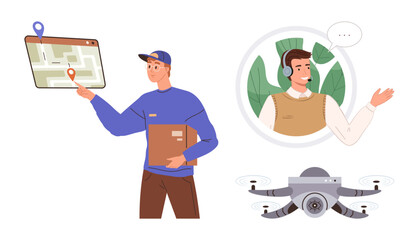 Courier holding a package with map navigation, customer support agent displayed in a chat bubble, and advanced delivery quadcopter. Ideal for logistics, technology, customer service, online shopping