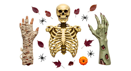 Halloween Skeleton and Zombie Hands Still Life for Spooky Decor. Isolated on transparent background, png
