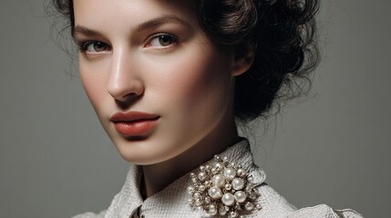 Close-up portrait of a woman with dark hair, light skin, and a pearl brooch, looking elegant