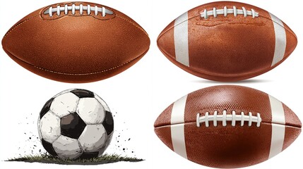 Digital composite featuring a leather American football & two similar ones with a soccer ball