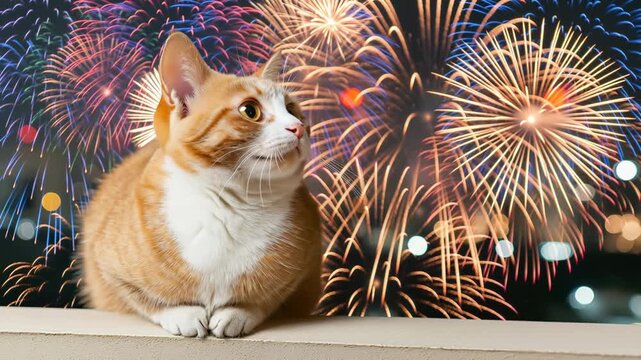 Curious Cat Enjoys Orange Fireworks Celebration Lighting Up Night Sky in Festive Atmosphere