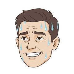 illustration of a man's facial expression showing a nervous smile with sweat drops on his forehead. isolated on a white background.