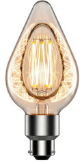 Vintage-style light bulb with intricate filament design, glowing warmly against a transparent background