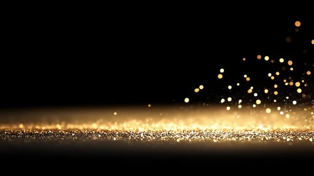 A dark background with a shimmer effect. Gold particles form a line with scattered bokeh dots