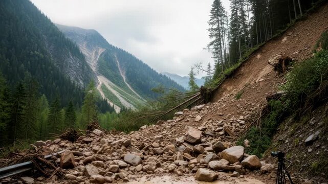 Muddy mountain road blocked by massive rockfall uprooted trees and bent guardrail A camera on tripod documents the destructive aftermath Steep scarred forested slopes under an overcast sky