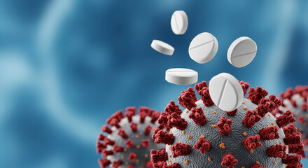 White pills falling over Covid 19 virus particles medical concept