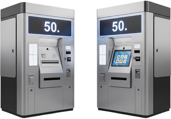Two modern ATM machines displaying a fifty currency denomination in a clean urban setting