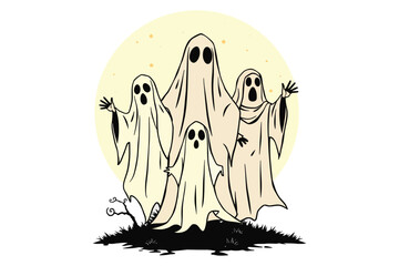  Minimalist cute ghost family isolated clean line outline illustration