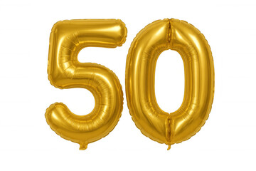Golden number 50 balloons marking a celebration, anniversary, birthday, or important event, transparent background