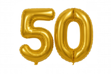 Golden number 50 balloons marking a celebration, anniversary, birthday, or important event, transparent background