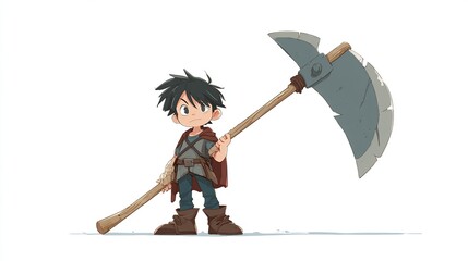 A cartoon boy, dressed as a warrior, stands with a large scythe, facing the viewer, on a white background