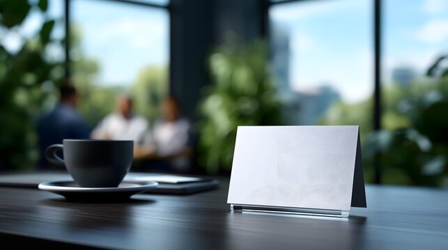 National Entrepreneurs Day blank white card on modern coworking desk with tech devices and daylight