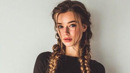 A fair-skinned woman with long, light-brown hair in two French braids poses against a pale gray background