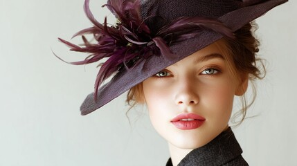 A young woman with fair skin gazes forward, wearing a stylish hat adorned with feathered accents