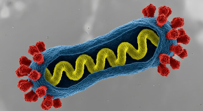 Microscopic illustration of a virus particle with genetic material inside and spikes on the outer membrane