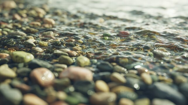 Smooth water-worn pebbles in shallow stream with clear flowing water and silky motion texture