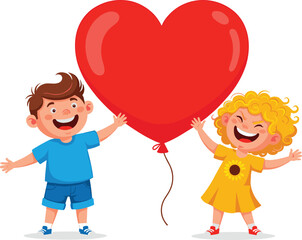 Cartoon children with heart balloon, kids friendship illustration, love and happiness, childhood joy, playful moment, celebration, caring, emotions, ar