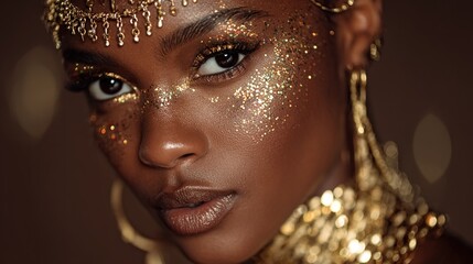 A close-up portrait of a dark-skinned person adorned with gold glitter makeup & jewelry, looking towards the camera