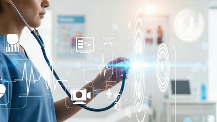 healthcare professional in scrubs holds stethoscope with futuristic digital interface overlaying the scene It shows medical data heartbeats and various health technology icons - Powered by Adobe