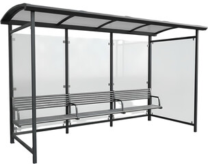Modern bus stop shelter with transparent panels and metal benches in an urban environment
