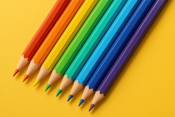 Fototapeta premium Row of colored pencils forming a gentle wave on a white background creating a playful creative and school friendly visual rhythm