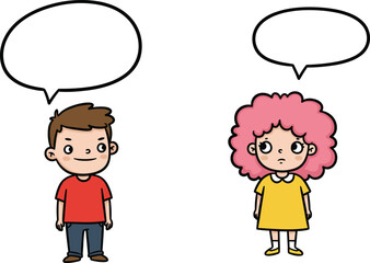 Cartoon children with speech bubbles, boy and girl illustration, dialogue concept, childhood emotions, storytelling, education, communication, character design, art