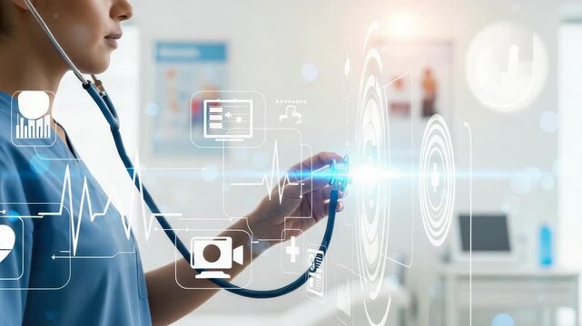 healthcare professional in scrubs holds stethoscope with futuristic digital interface overlaying the scene It shows medical data heartbeats and various health technology icons - Powered by Adobe